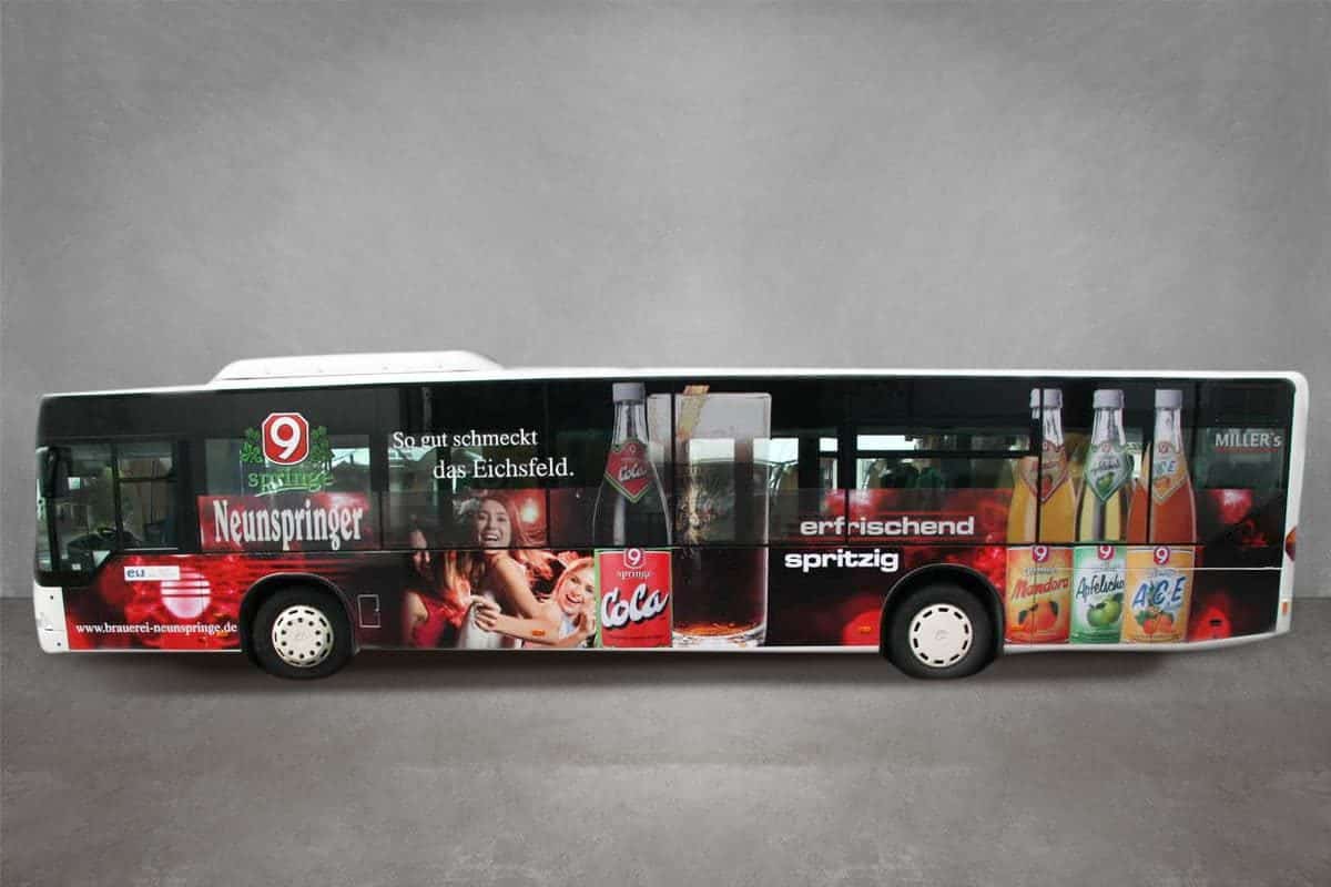 Verkehrsmittelwerbung Beschriftung Beklebung Firmenfahrzeug Fahrzeugbeschriftung Werbung Bus Brauerei Neunspringe Worbis Erfrischungsgetränke