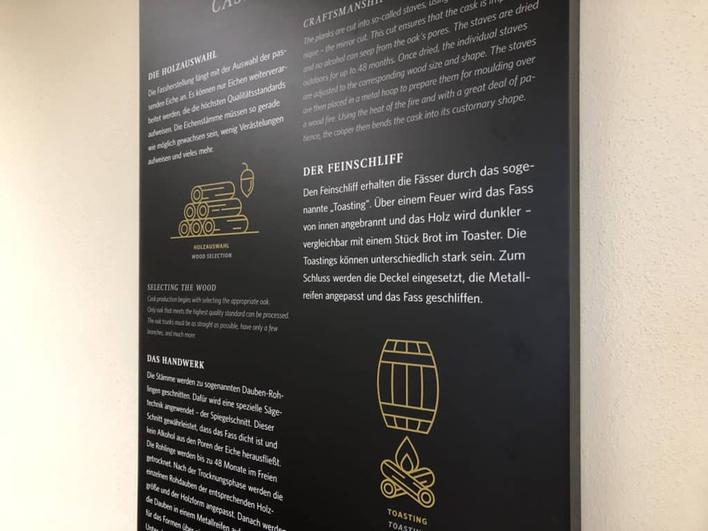 Informationsbeschilderung Whiskywelt Burg Scharfenstein, Detailansicht, Wandgestaltung