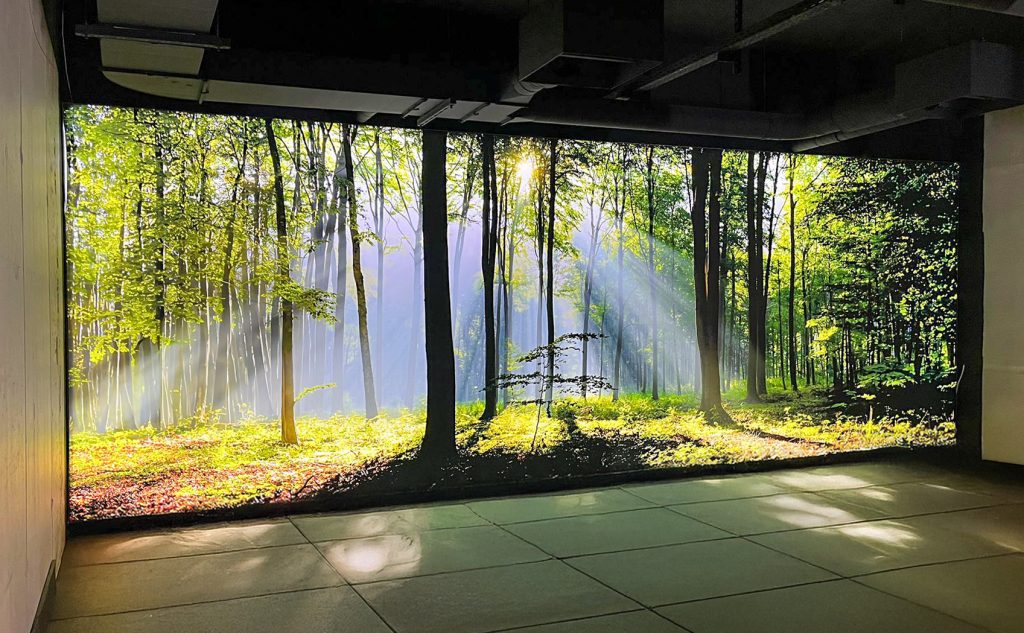 vitalpark fitnessbereich textilspannrahmen backlightbanner wald wand